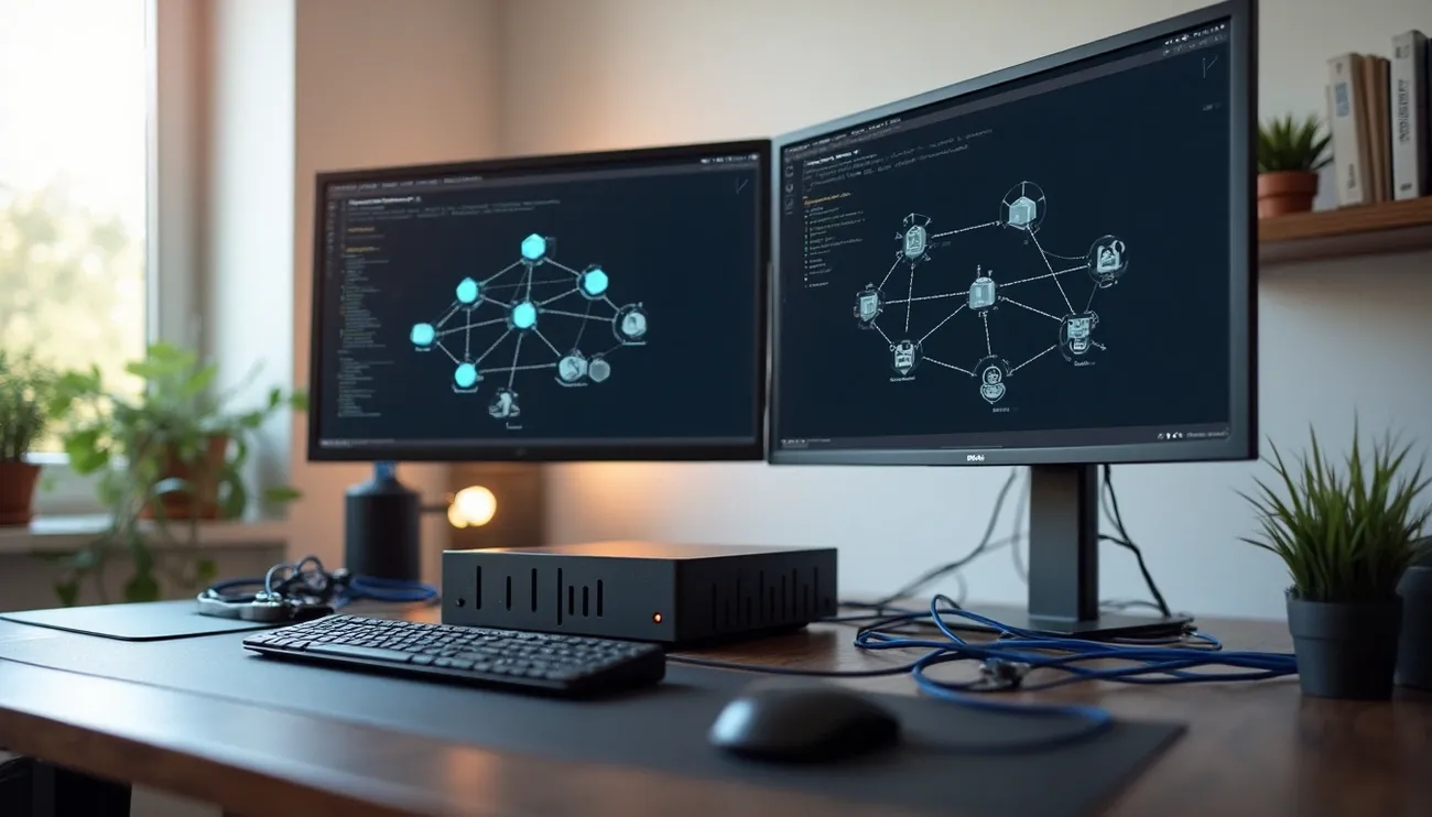 Dual-monitor homelab setup displaying network diagrams with a compact server, keyboard, mouse, and plants on a wooden desk.