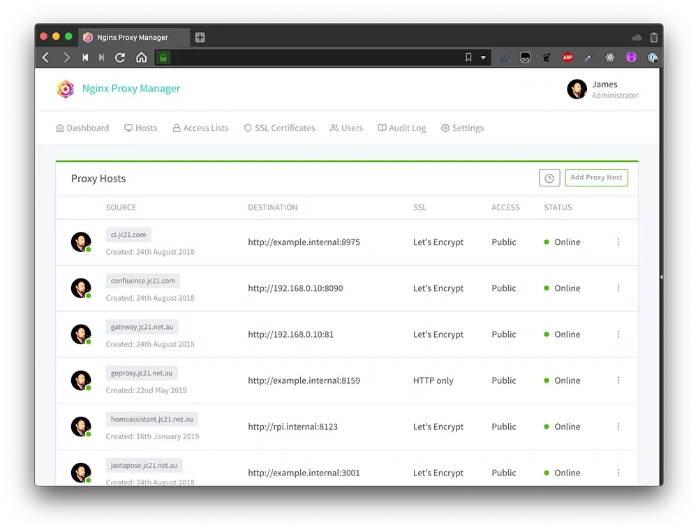 Nginx Proxy Manager interface showing a list of proxy hosts with sources, destinations, SSL status, access, and online status.