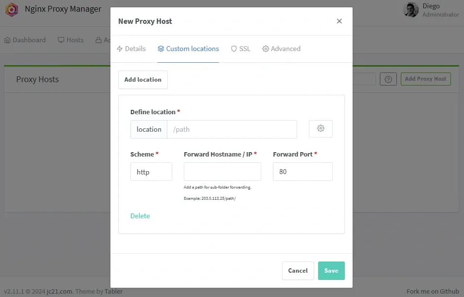 Nginx Proxy Manager interface showing the New Proxy Host setup with custom location, scheme, hostname, and port fields.