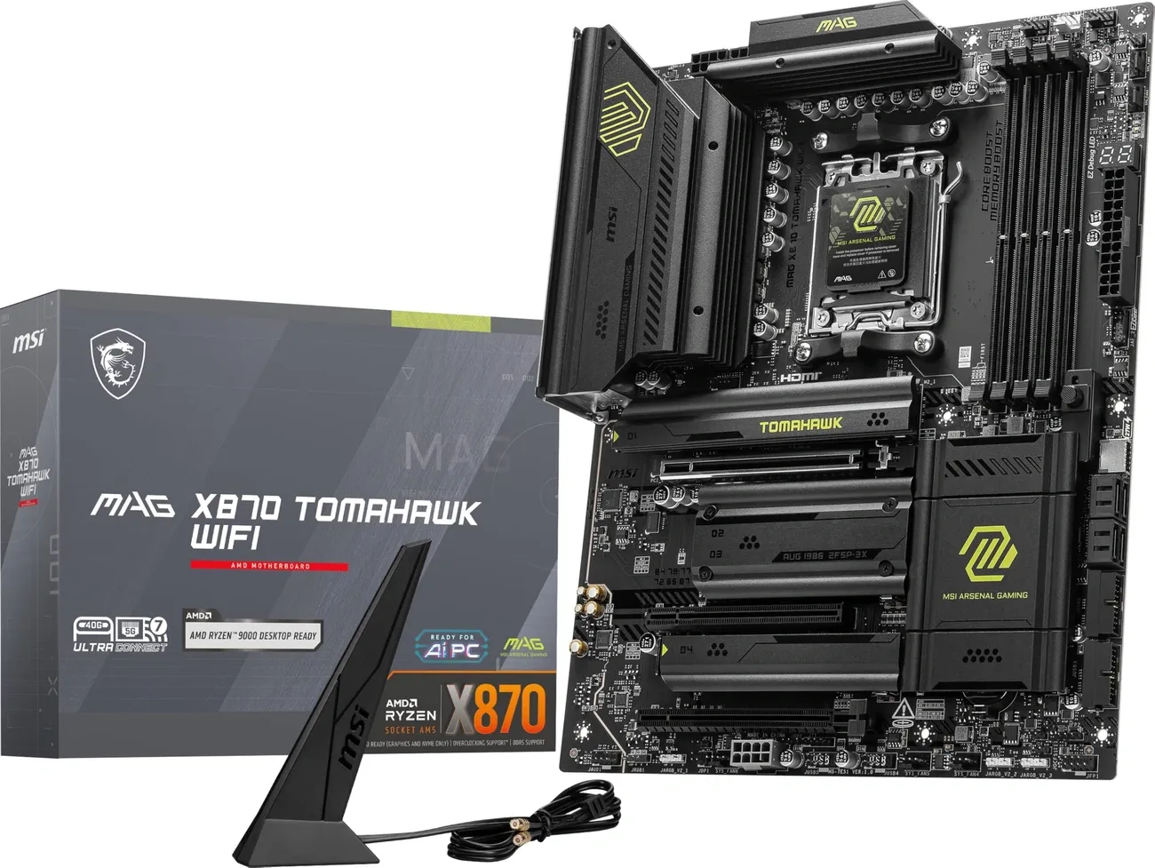 MSI MAG X870 Tomahawk WiFi gaming motherboard with packaging and antenna for AMD Ryzen socket AM5.