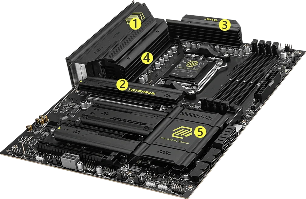 MSI MAG X870 TOMAHAWK WIFI gaming motherboard with labeled heat sinks and expansion slots in black and yellow design.