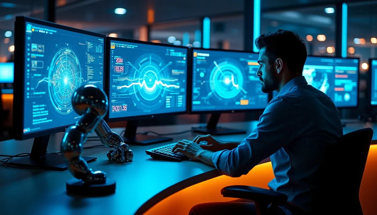 Person monitors AI-powered cybersecurity threats on multiple screens in a high-tech control room with a robotic arm nearby.