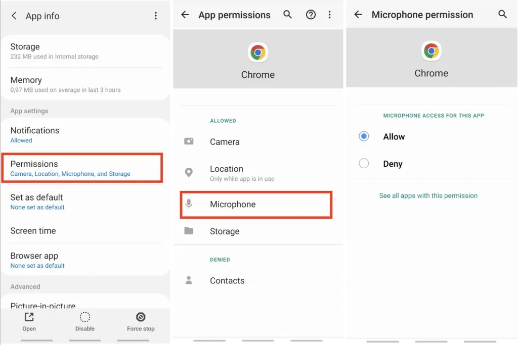 Android app permissions screens showing Chrome app microphone permission settings with allow and deny options.
